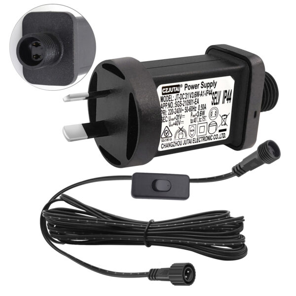 Power Supply for CZJUTAI JT-DC31V 3.6W-IP44 Christmas Lighting with a 3M Cable and 1-Click Button Switch on Power Cord[A53W]