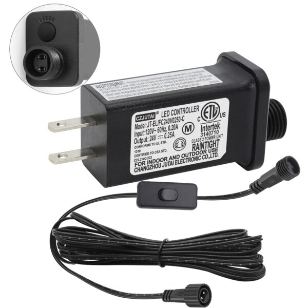 Power Supply for CZJUTAI JT-EL/FC240V0250-C 24V6W /4.5W /3.6W /1.35W With 8 Modes, Memory & With 1-Click Button Switch on Power Cord - Christmas Lights, Net Lights, Icicle Lights [Z46W]